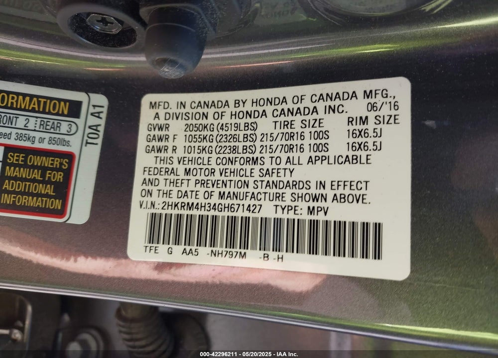 2016 HONDA CR-V LX VIN: 2HKRM4H34GH671427