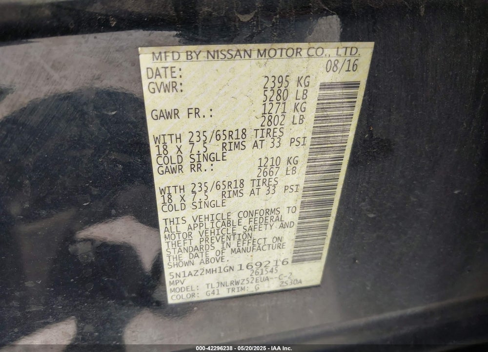 2016 NISSAN MURANO VIN: 5N1AZ2MH1GN169216