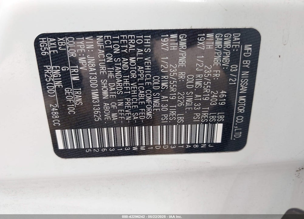2021 NISSAN ROGUE PLATINUM INTELLIGENT AWD VIN: JN8AT3DD1MW313625