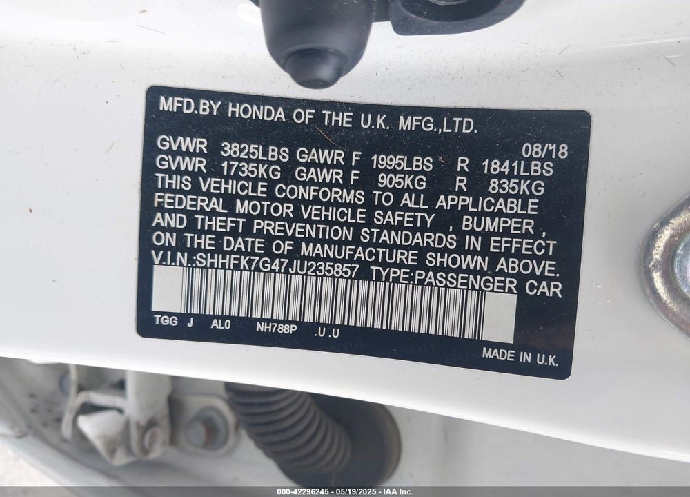 2018 HONDA CIVIC VIN: SHHFK7G47JU235857