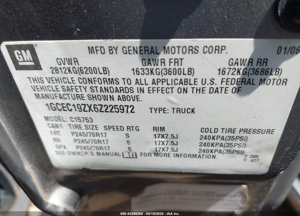 2006 CHEVROLET SILVERADO 1500 LS VIN: 1GCEC19ZX6Z225972
