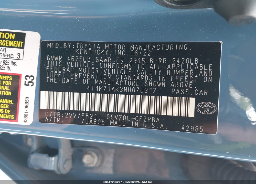 2022 TOYOTA CAMRY VIN: 4T1KZ1AK3NU070317