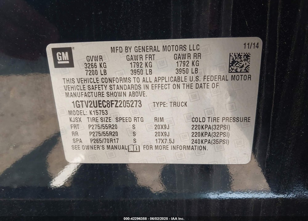 2015 GMC SIERRA 1500 VIN: 1GTV2UEC8FZ205273