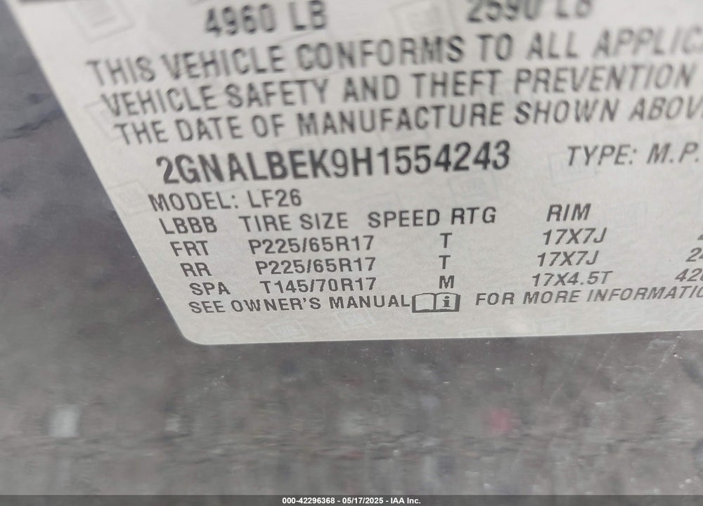 2017 CHEVROLET EQUINOX VIN: 2GNALBEK9H1554243