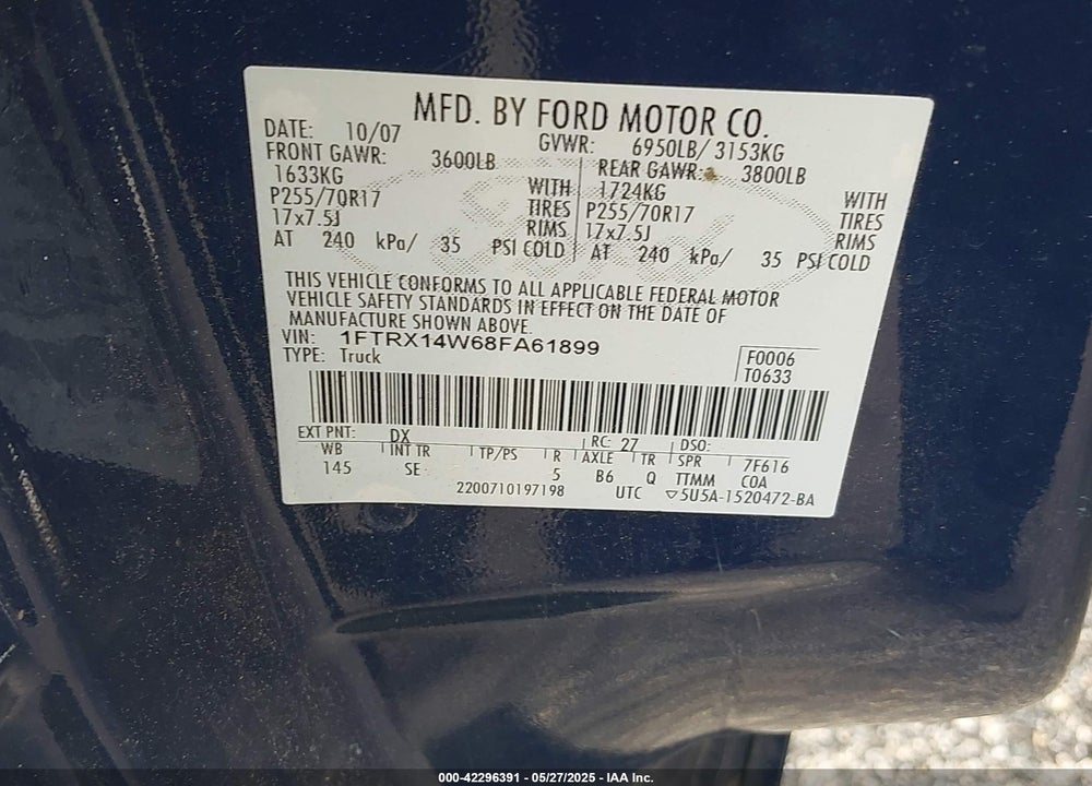2008 FORD F-150 STX/XL/XLT VIN: 1FTRX14W68FA61899