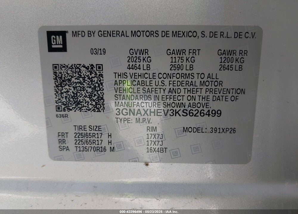 2019 CHEVROLET EQUINOX LS VIN: 3GNAXHEV3KS626499