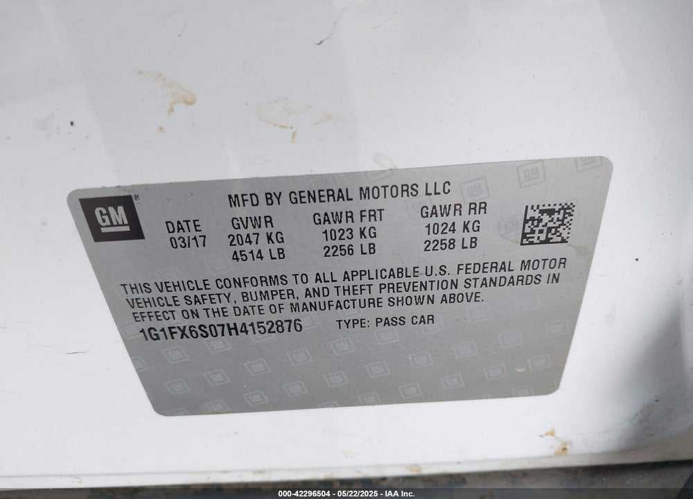 2017 CHEVROLET BOLT EV PREMIER VIN: 1G1FX6S07H4152876