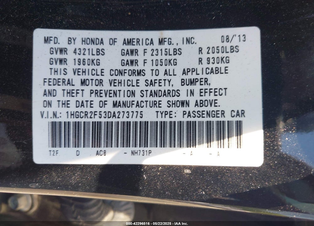 2013 HONDA ACCORD VIN: 1HGCR2F53DA273775