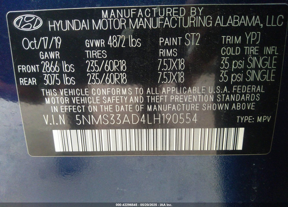 2020 HYUNDAI SANTA FE SEL VIN: 5NMS33AD4LH190554