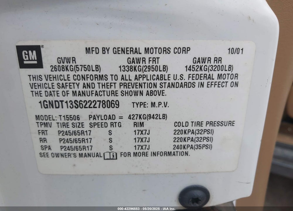 2002 CHEVROLET TRAILBLAZER LTZ VIN: 1GNDT13S622278069