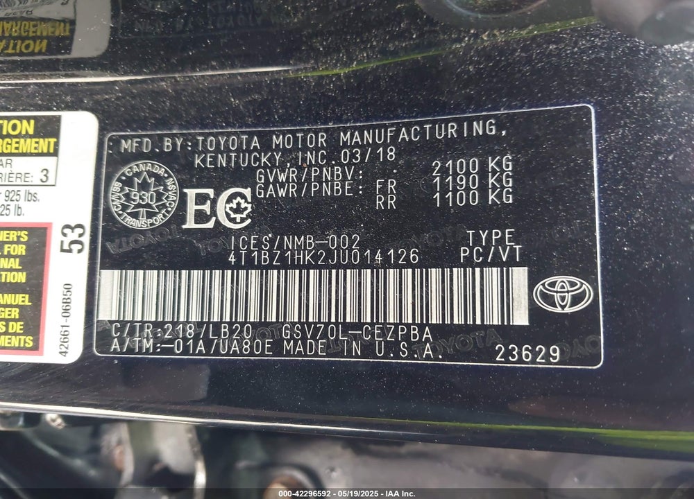 2018 TOYOTA CAMRY VIN: 4T1BZ1HK2JU014126