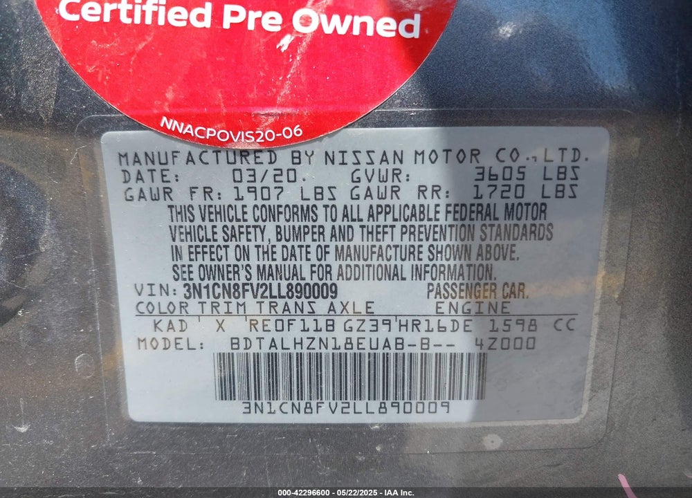 2020 NISSAN VERSA VIN: 3N1CN8FV2LL890009