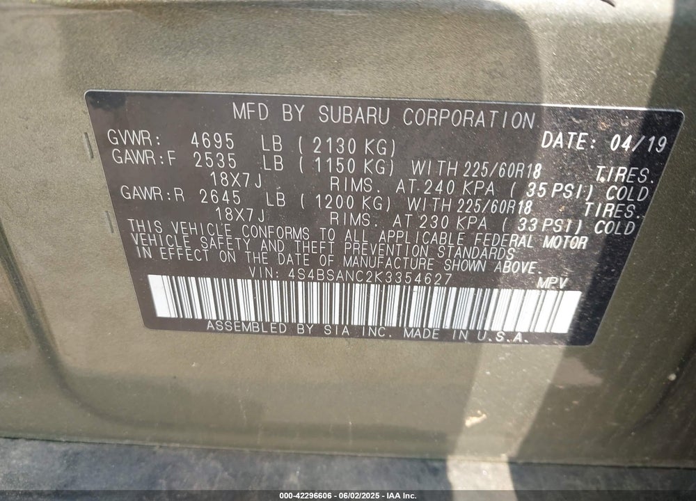 2019 SUBARU OUTBACK VIN: 4S4BSANC2K3354627