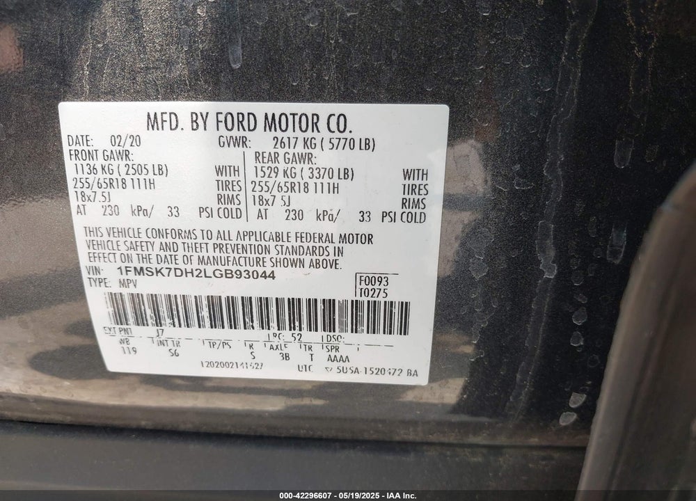 2020 FORD EXPLORER VIN: 1FMSK7DH2LGB93044