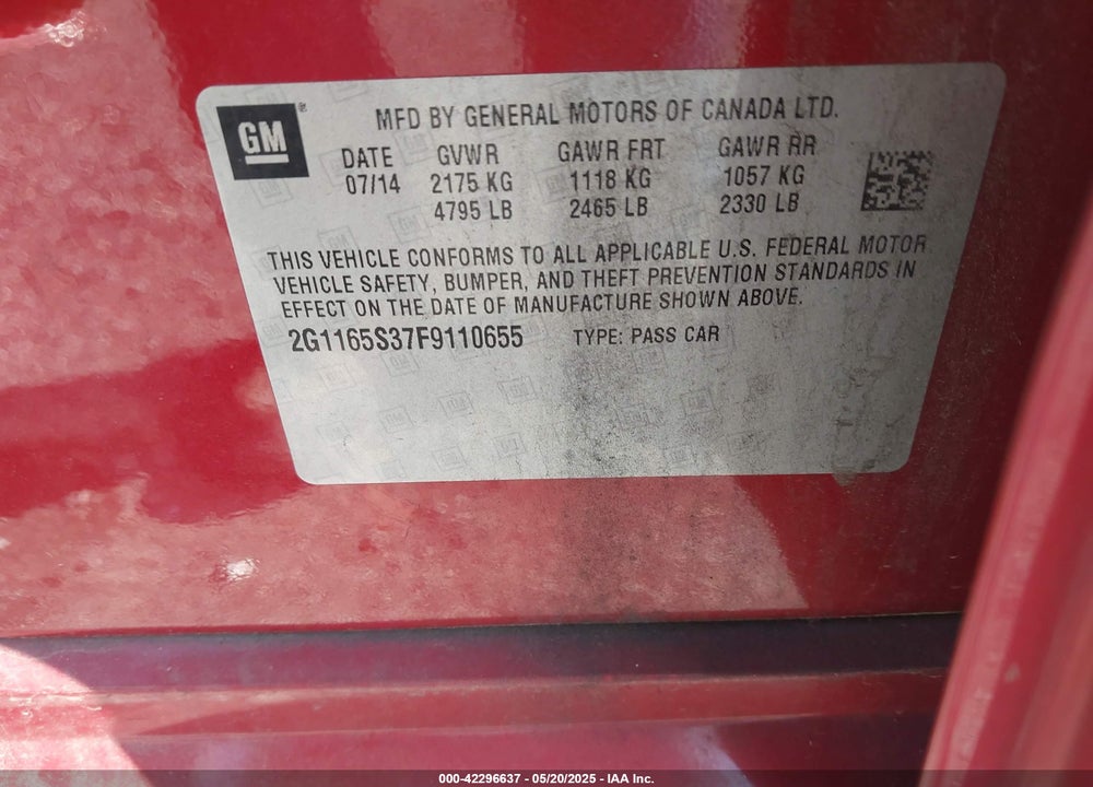 2015 CHEVROLET IMPALA 2LZ VIN: 2G1165S37F9110655