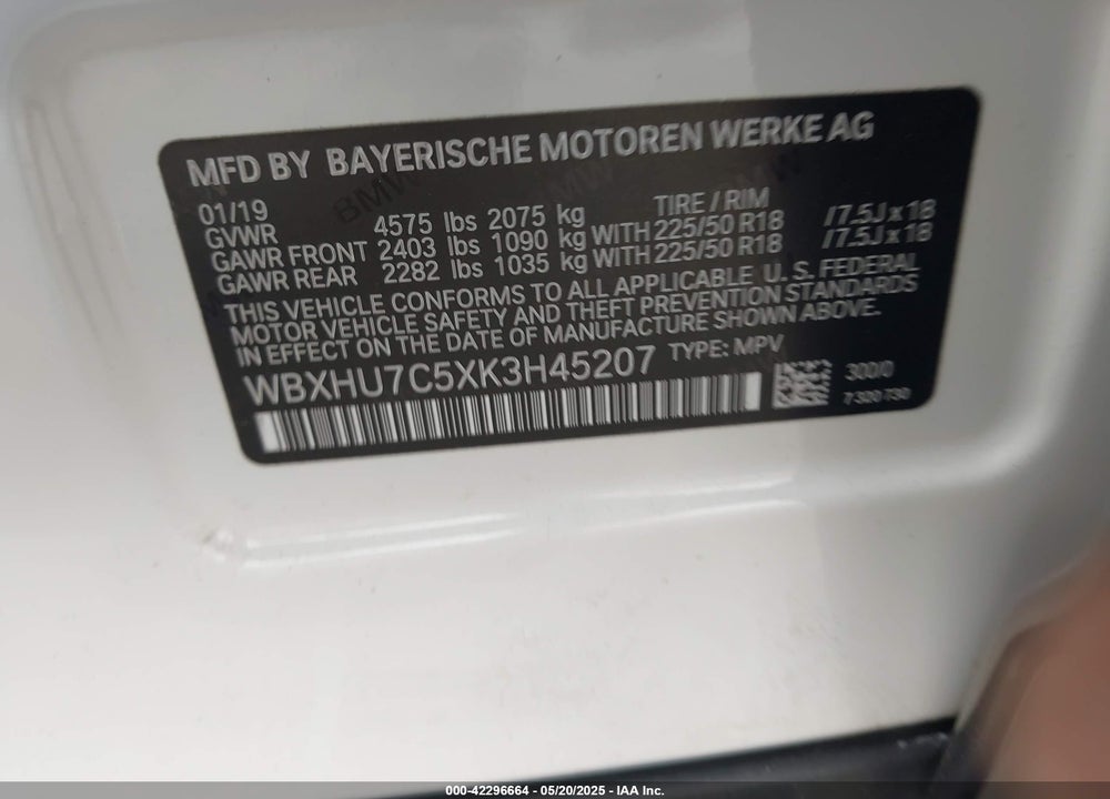 2019 BMW X1 SDRIVE28I VIN: WBXHU7C5XK3H45207