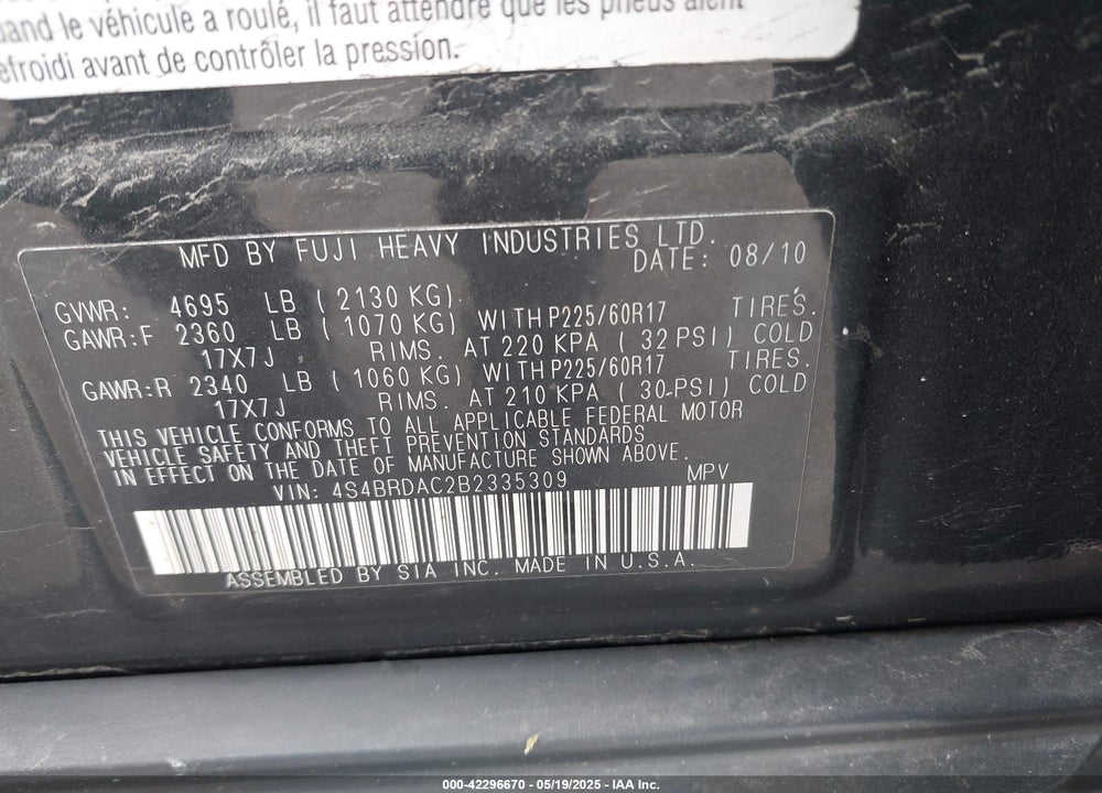 2011 SUBARU OUTBACK 3.6R VIN: 4S4BRDAC2B2335309