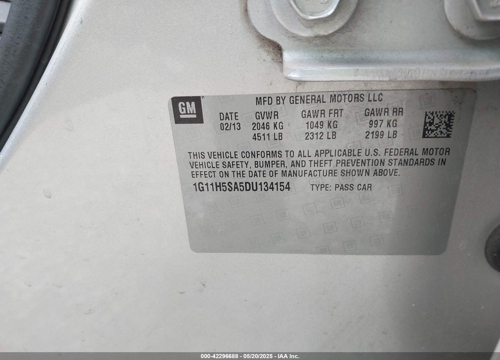 2013 CHEVROLET MALIBU 1LZ VIN: 1G11H5SA5DU134154