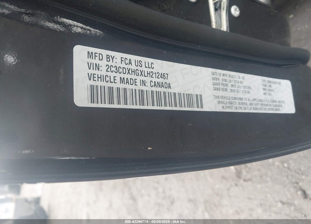 2020 DODGE CHARGER VIN: 2C3CDXHGXLH212467