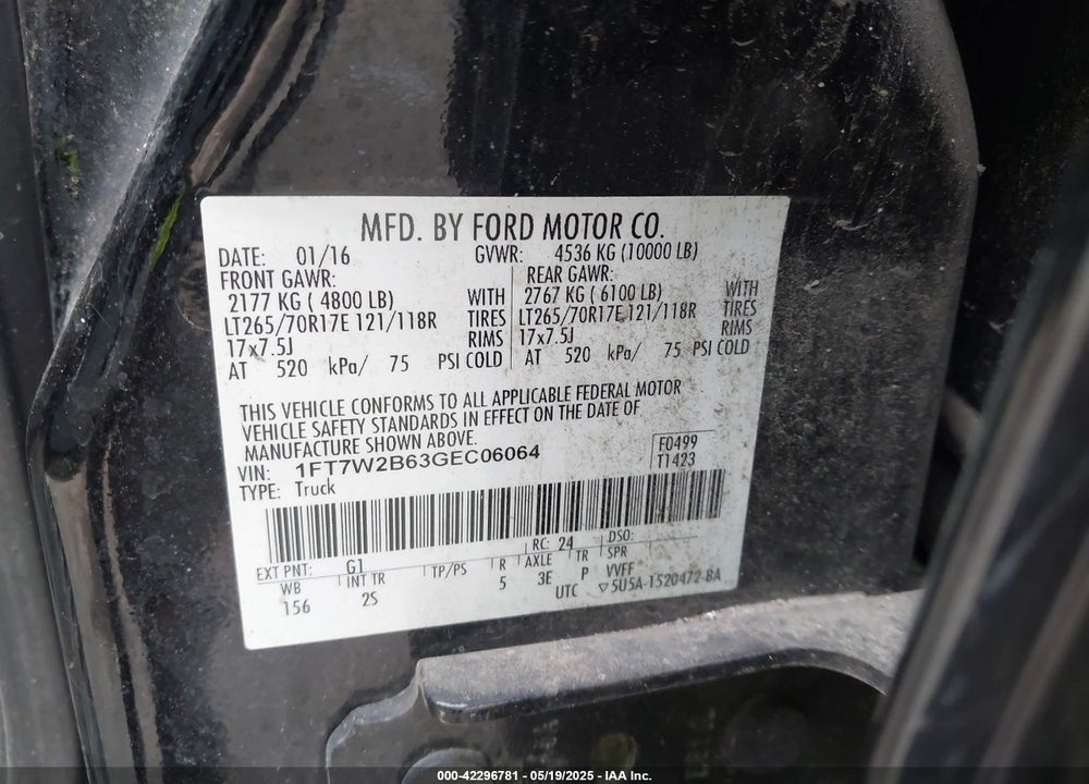 2016 FORD F250 VIN: 1FT7W2B63GEC06064