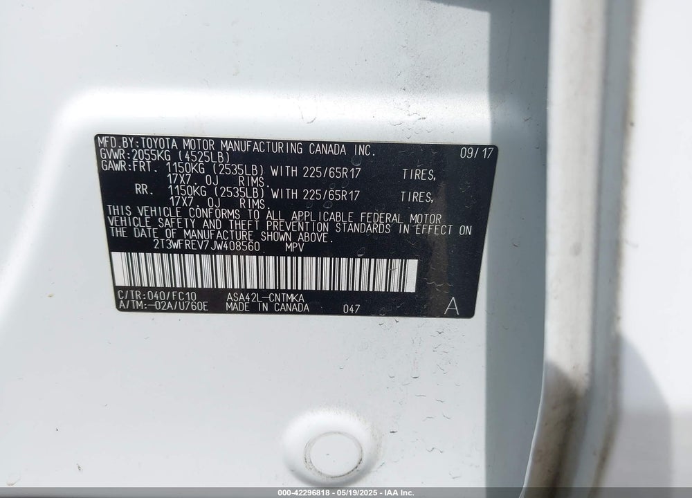 2018 TOYOTA RAV4 XLE VIN: 2T3WFREV7JW408560