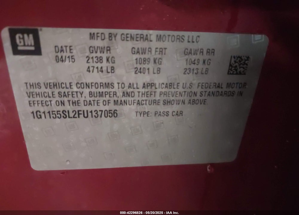 2015 CHEVROLET IMPALA 1LZ VIN: 1G1155SL2FU137056