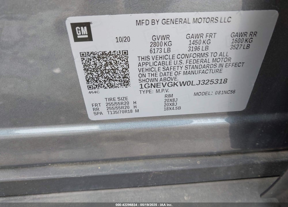 2020 CHEVROLET TRAVERSE VIN: 1GNEVGKW0LJ325318