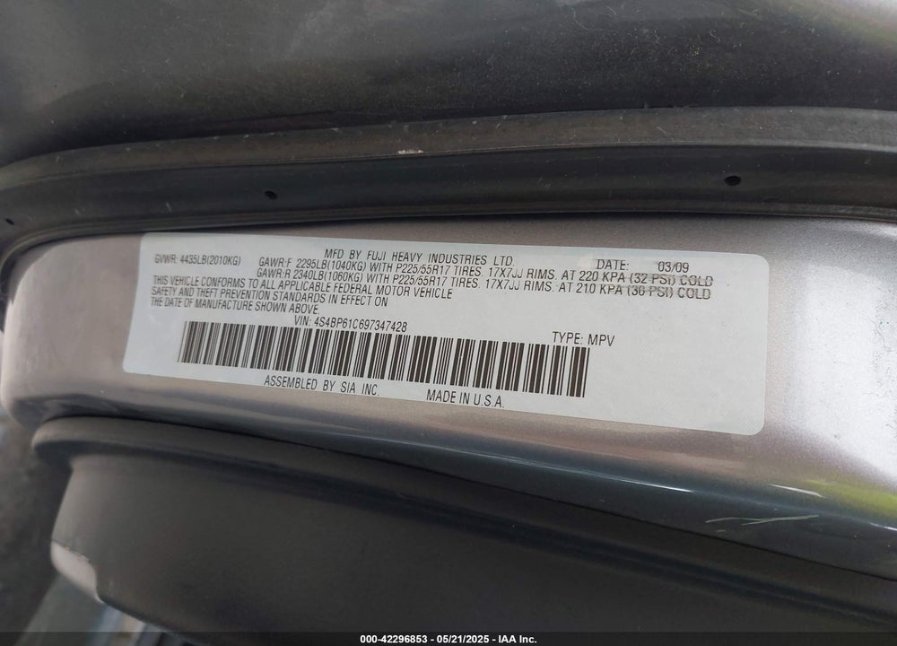 2009 SUBARU OUTBACK VIN: 4S4BP61C697347428