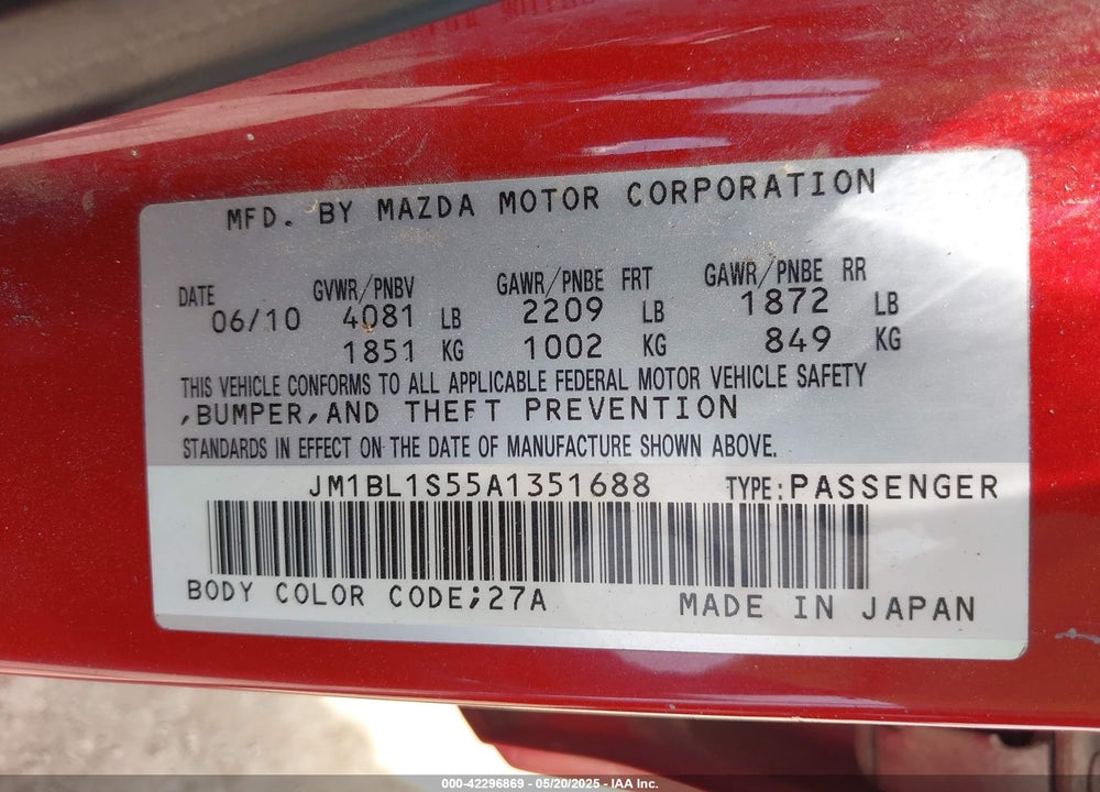 2010 MAZDA 3 VIN: JM1BL1S55A1351688