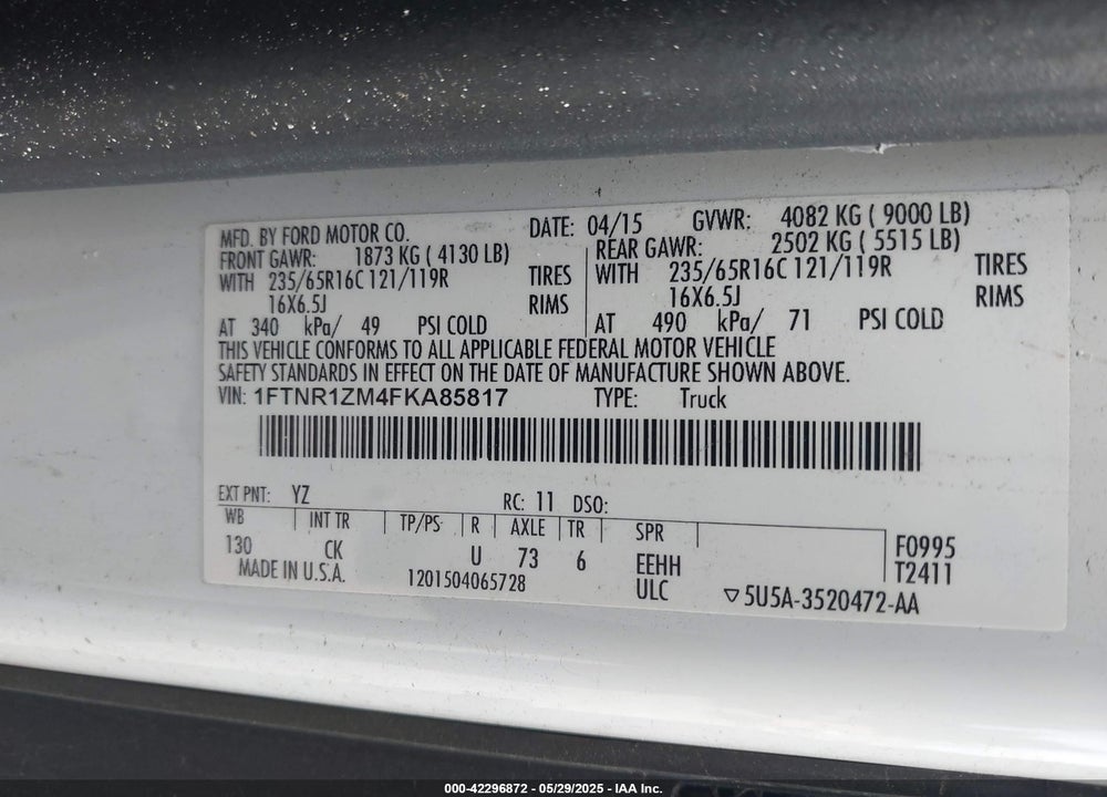 2015 FORD TRANSIT-250 VIN: 1FTNR1ZM4FKA85817