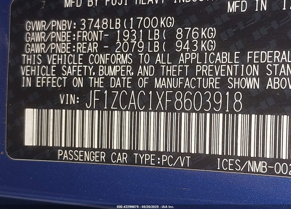 2015 SUBARU BRZ VIN: JF1ZCAC1XF8603918