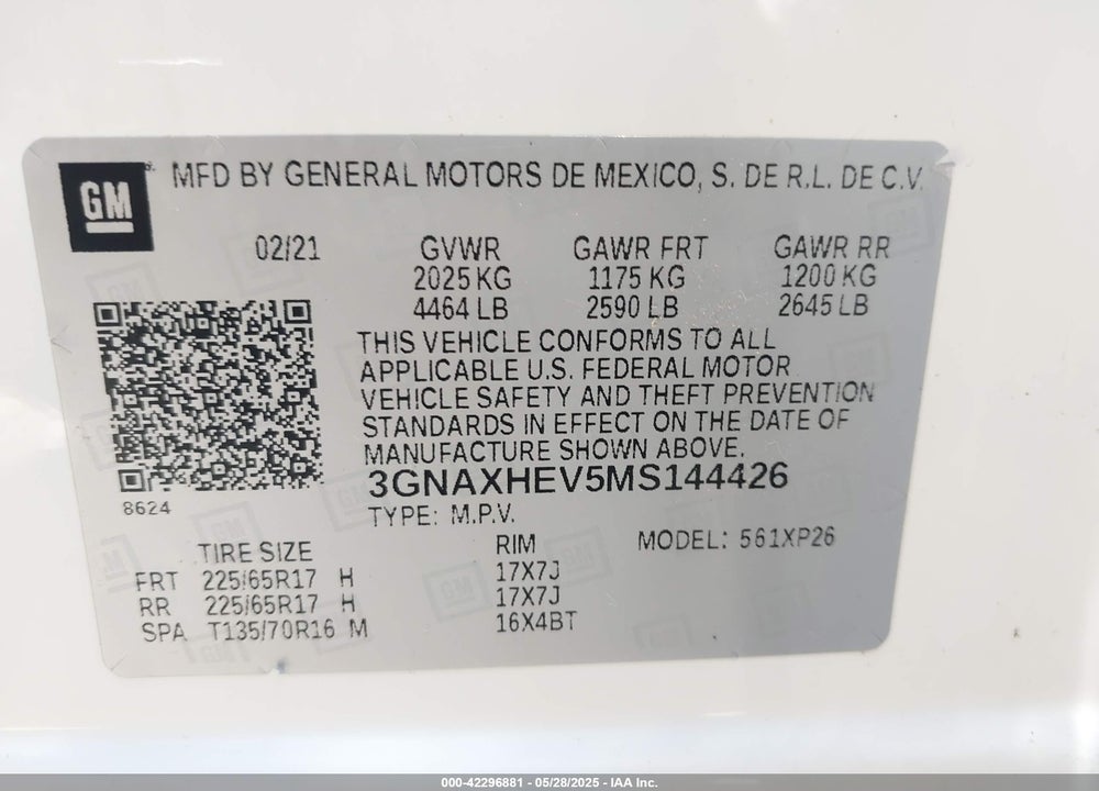 2021 CHEVROLET EQUINOX VIN: 3GNAXHEV5MS144426