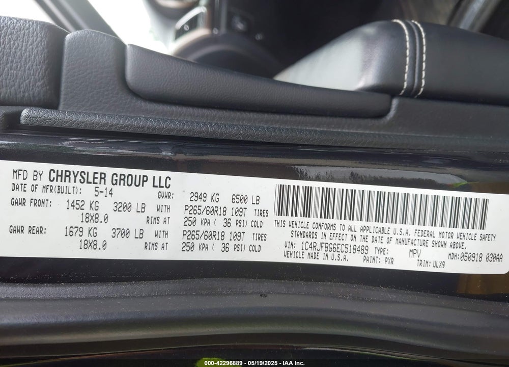 2014 JEEP GRAND CHEROKEE VIN: 1C4RJFBG6EC518489