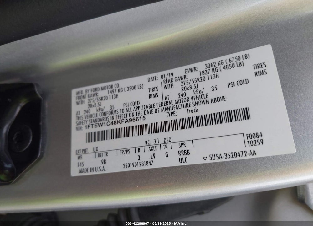 2019 FORD F-150 VIN: 1FTEW1C48KFA96615
