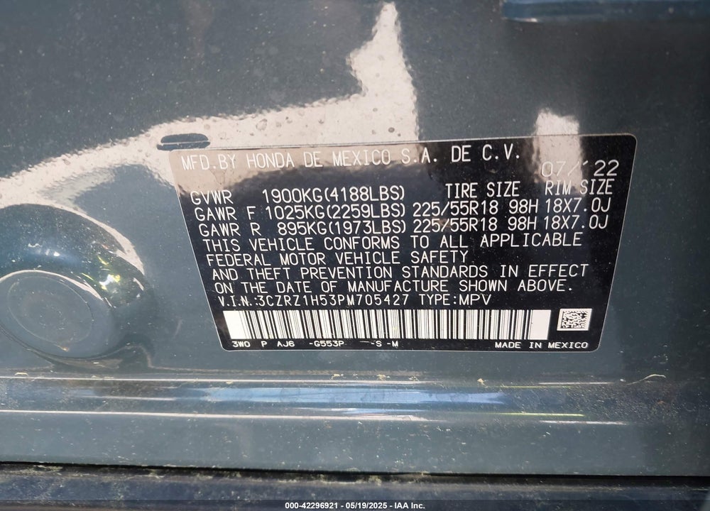 2023 HONDA HR-V VIN: 3CZRZ1H53PM705427