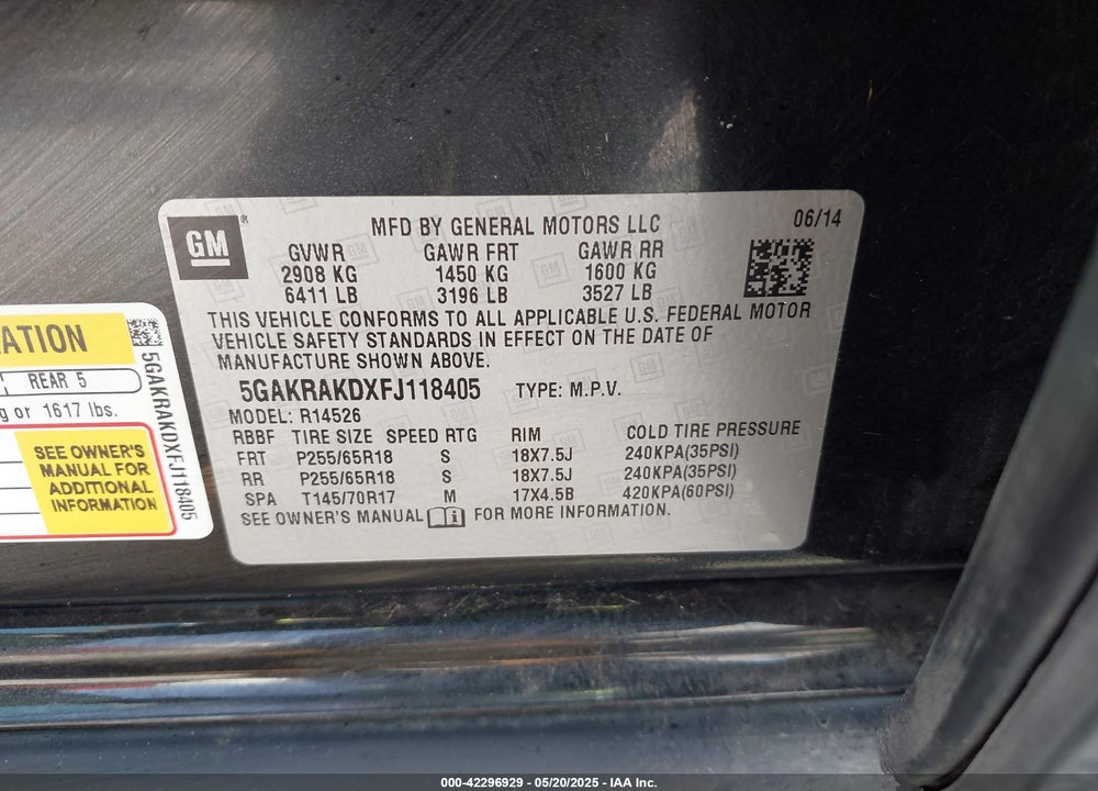 2015 BUICK ENCLAVE CONVENIENCE VIN: 5GAKRAKDXFJ118405