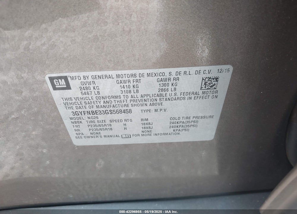 2016 CADILLAC SRX VIN: 3GYFNBE33GS568458