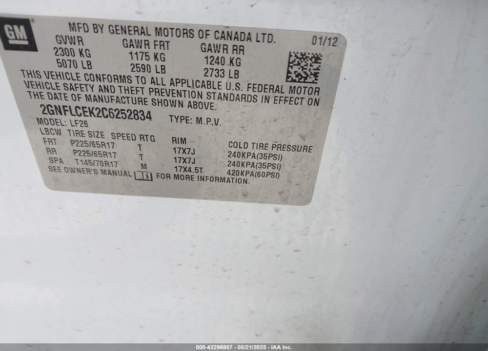 2012 CHEVROLET EQUINOX VIN: 2GNFLCEK2C6252834