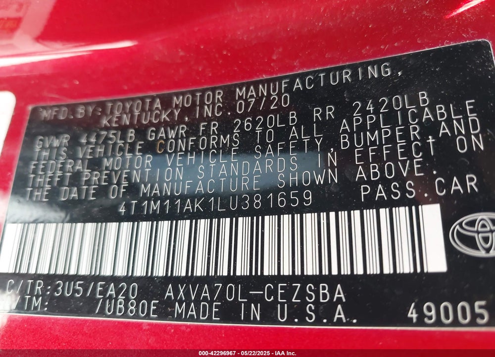 2020 TOYOTA CAMRY VIN: 4T1M11AK1LU381659