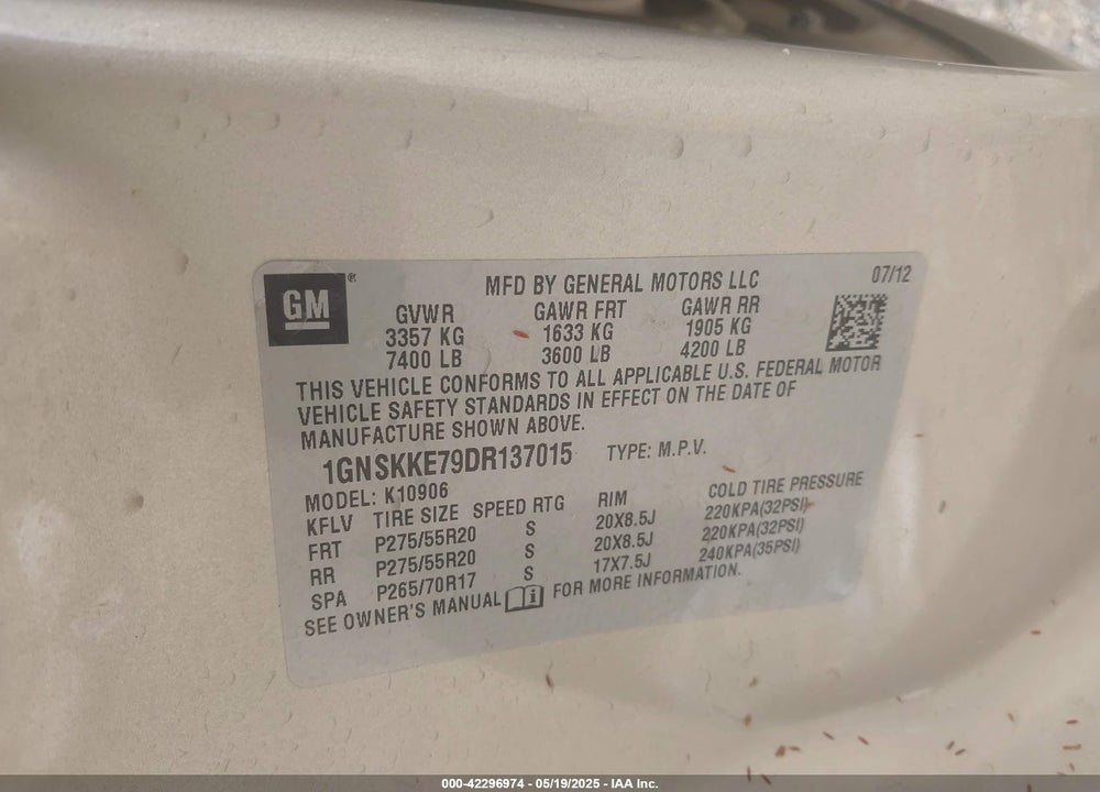 2013 CHEVROLET SUBURBAN 1500 LTZ VIN: 1GNSKKE79DR137015