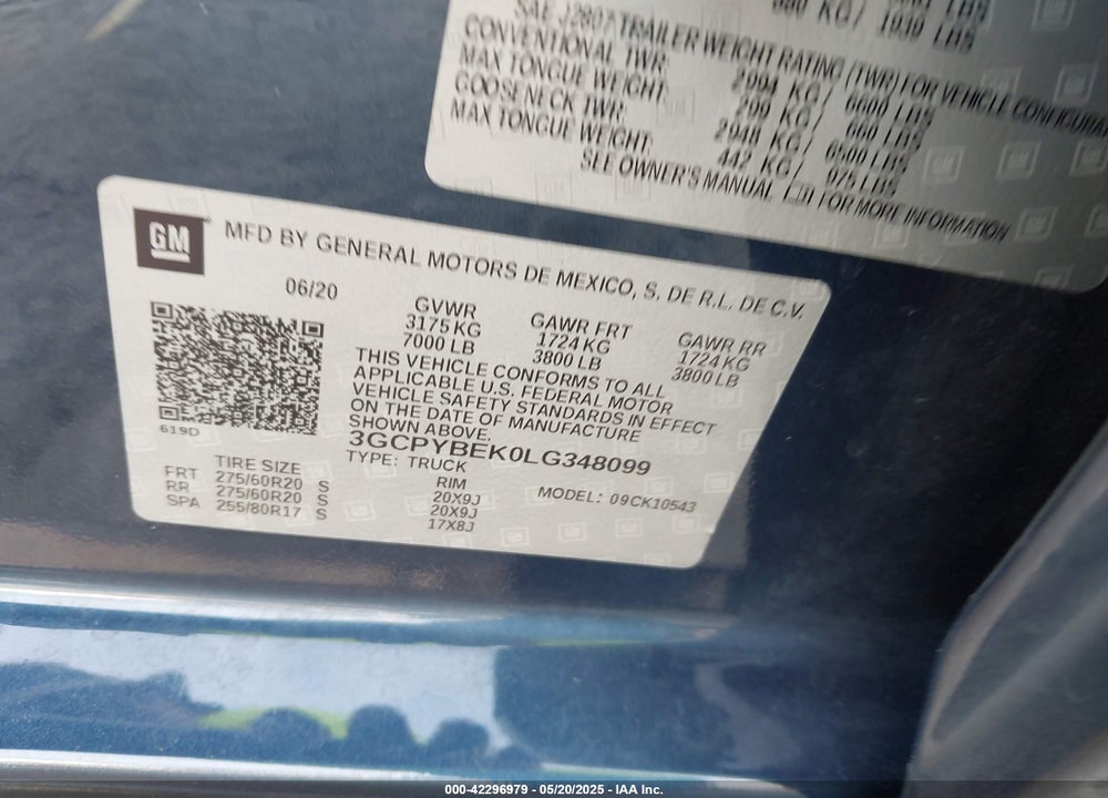 2020 CHEVROLET SILVERADO 1500 VIN: 3GCPYBEK0LG348099