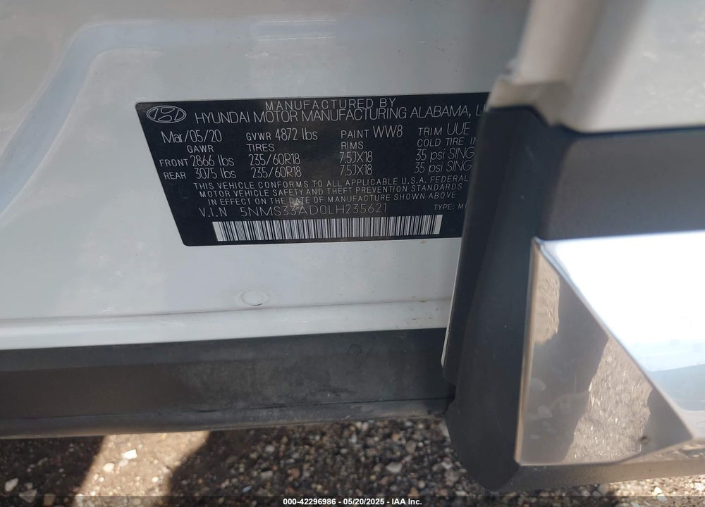 2020 HYUNDAI SANTA FE VIN: 5NMS33AD0LH235621