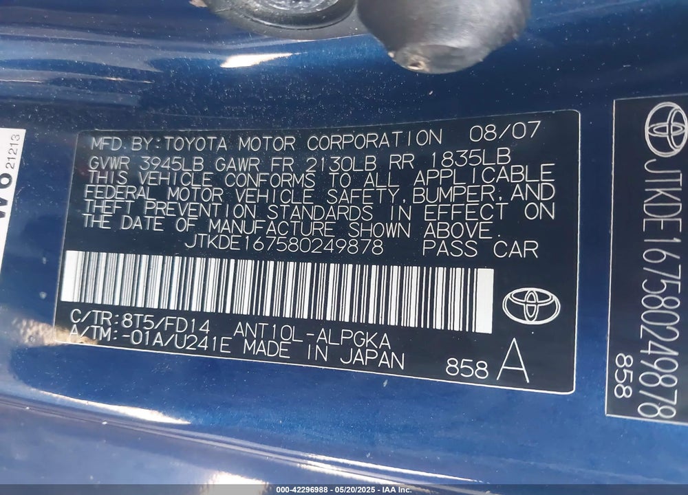 2008 SCION TC VIN: JTKDE167580249878