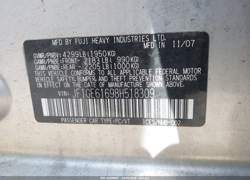 2008 SUBARU IMPREZA VIN: JF1GE61698H518309