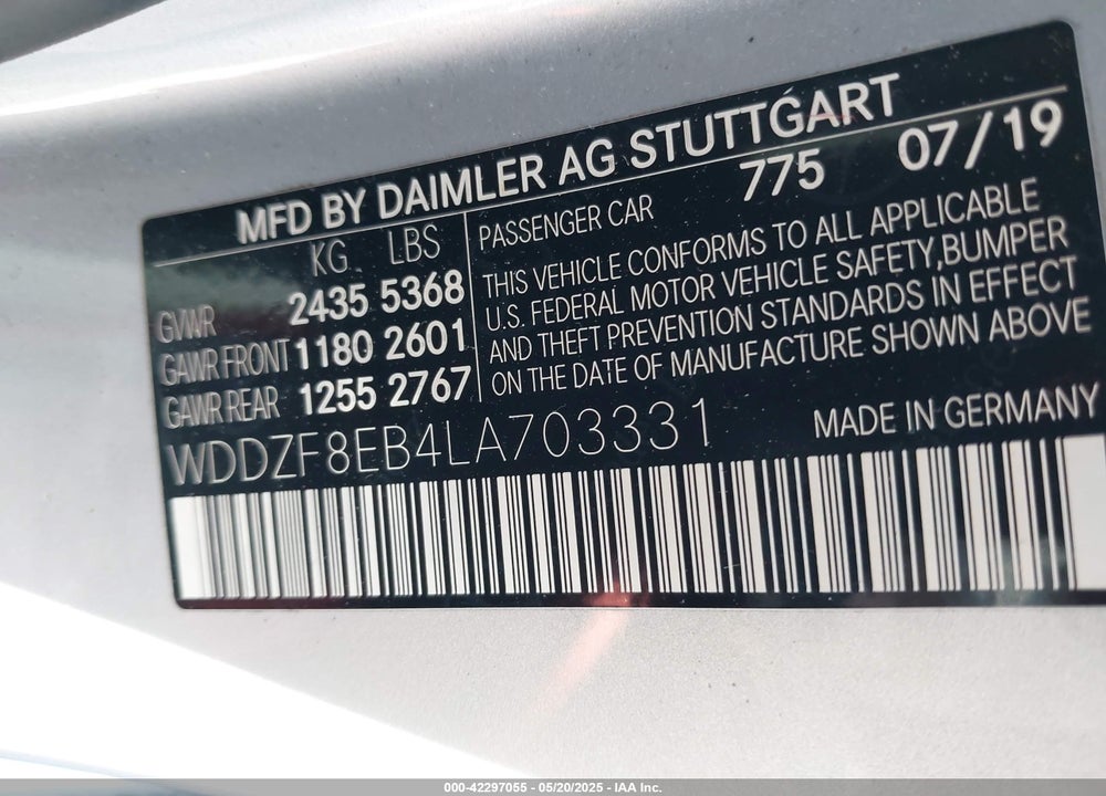 2020 MERCEDES-BENZ E-CLASS VIN: WDDZF8EB4LA703331