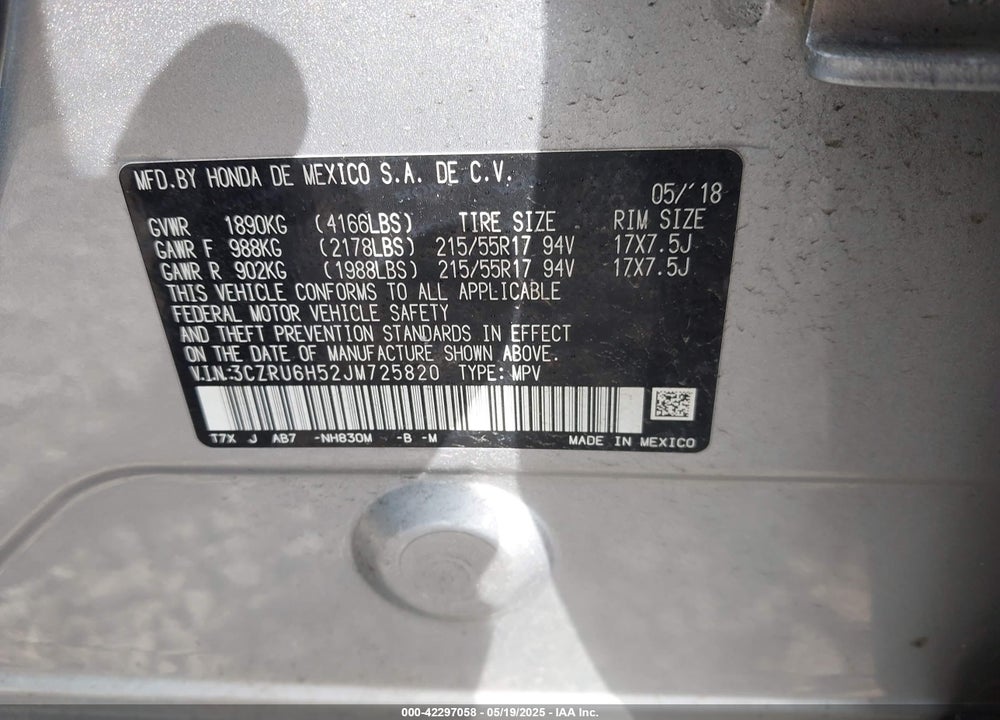 2018 HONDA HR-V VIN: 3CZRU6H52JM725820
