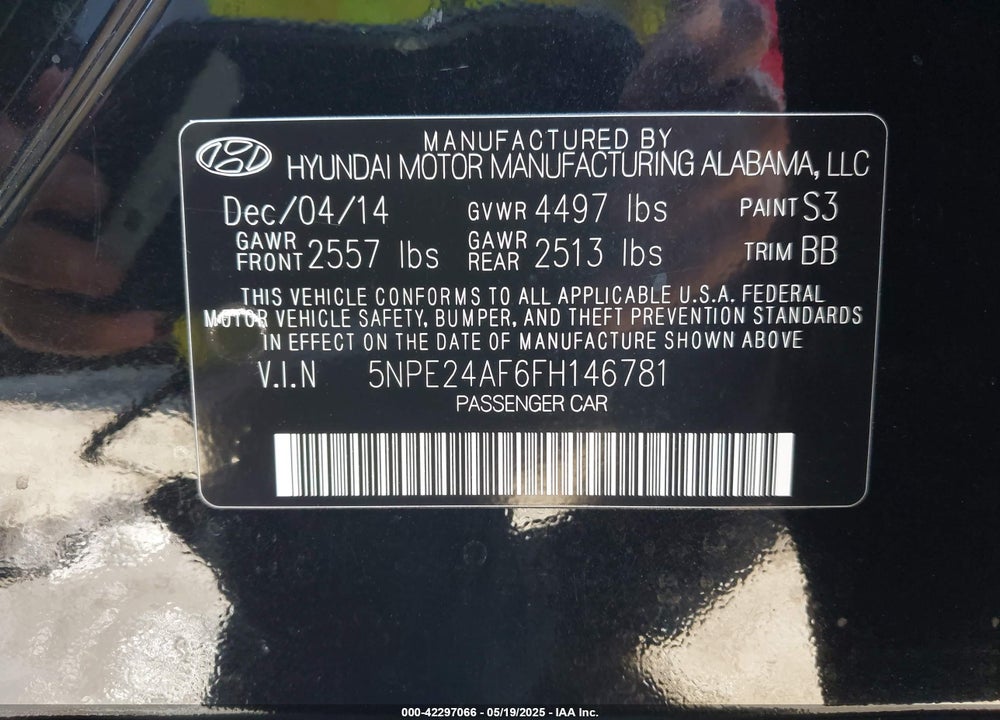 2015 HYUNDAI SONATA SE VIN: 5NPE24AF6FH146781