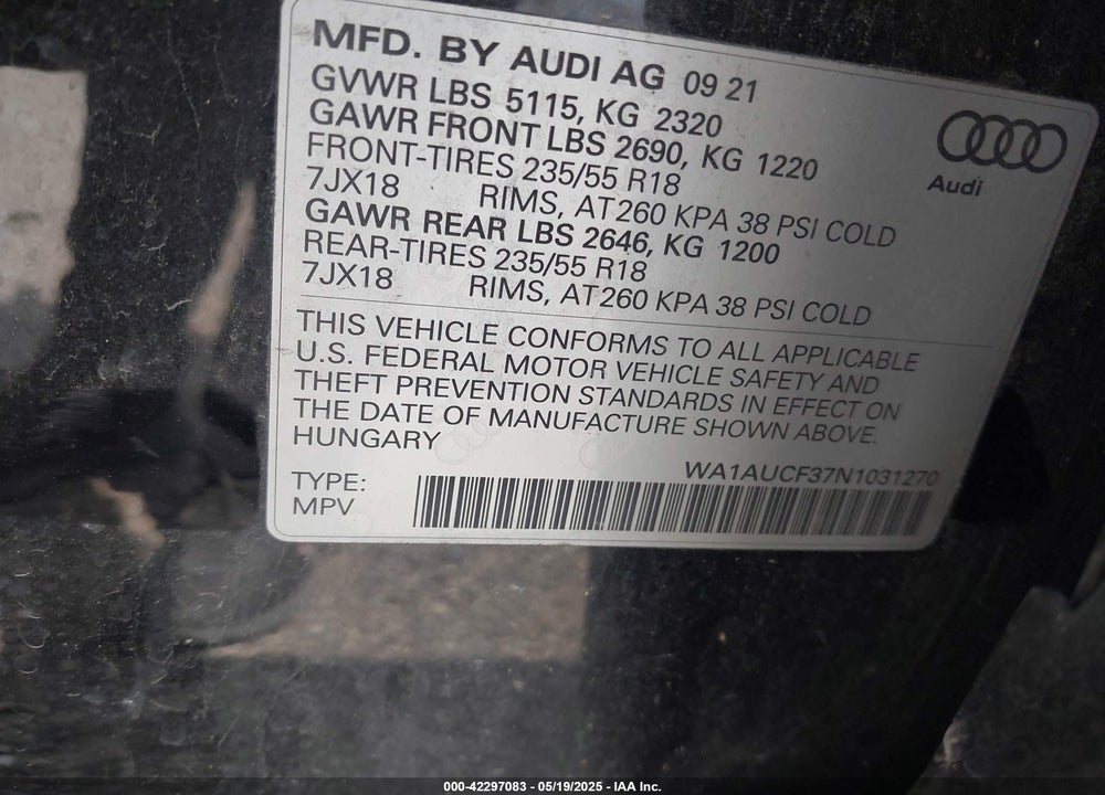 2022 AUDI Q3 PREMIUM 40 TFSI QUATTRO TIPTRONIC VIN: WA1AUCF37N1031270