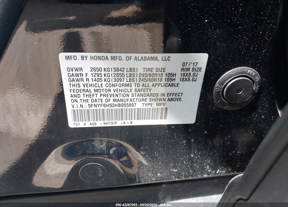 2017 HONDA PILOT VIN: 5FNYF6H53HB055897