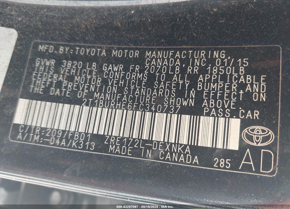 2015 TOYOTA COROLLA VIN: 2T1BURHE6FC340737